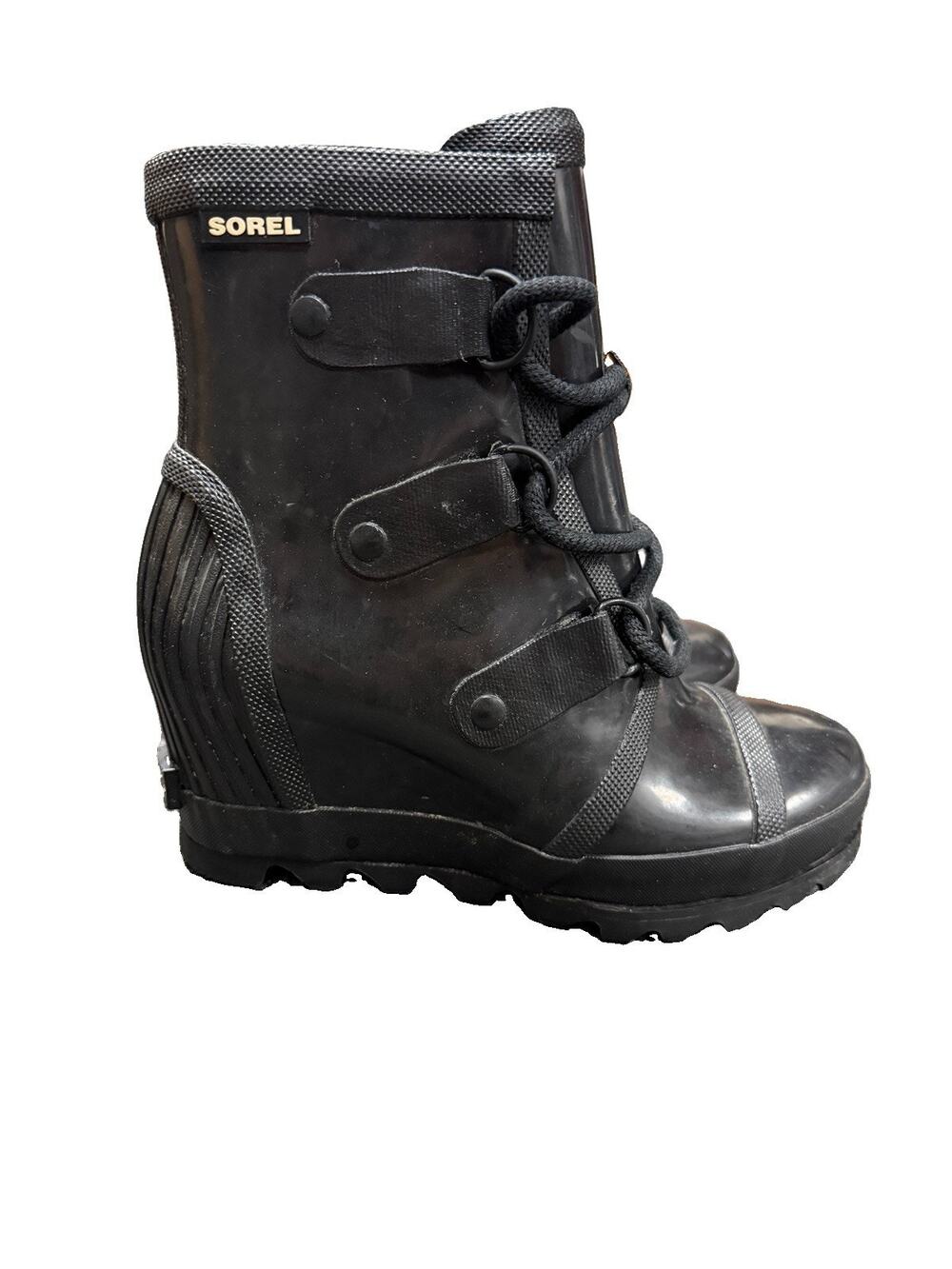 Sorel Joan Rain Wedge Boots Women’s 7 Black Waterproof Lace Up NL2524-010 GUC